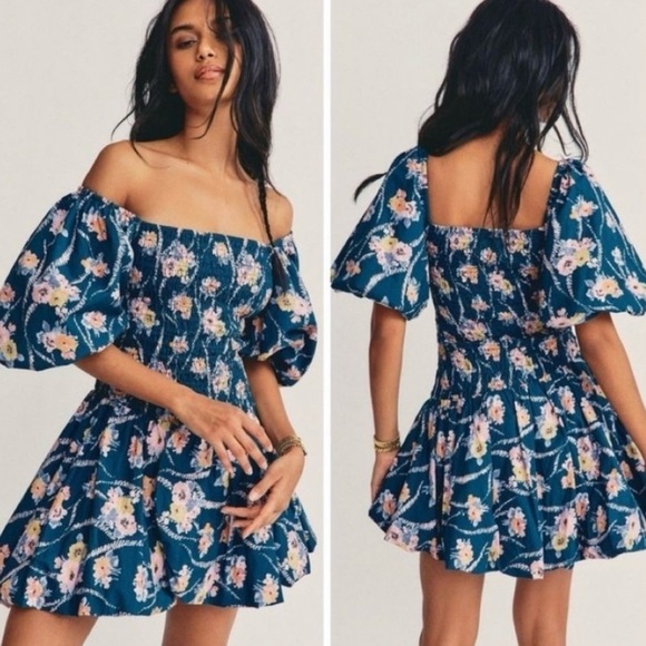 LoveShackFancy-  Asa Floral Print Smocked Mini Dress L Blue Off Shoulder Cotton - Picture 1 of 16